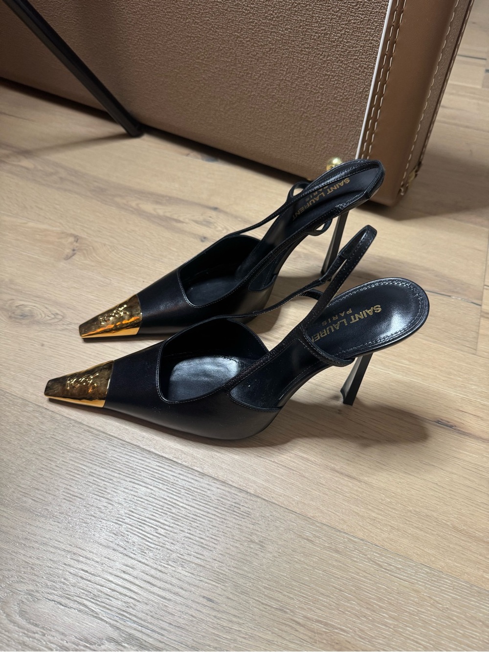 Saint Laurent Jeanne Black Leather Slingback Pumps with Gold Toe Cap - Picture 2 of 5
